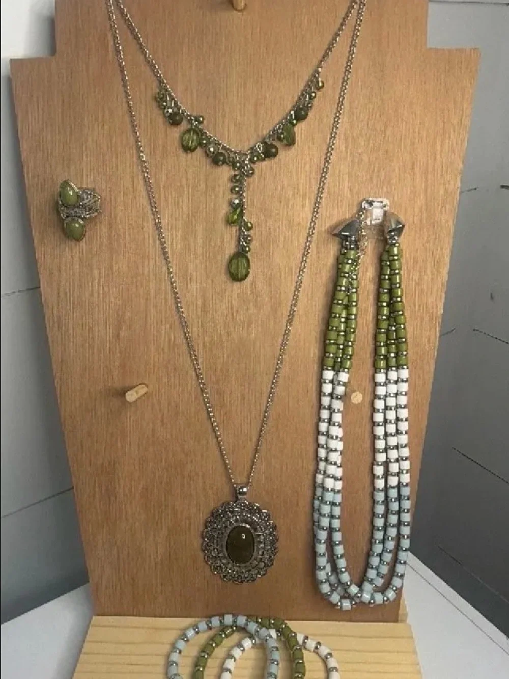 paparazzi Olive Green and White Multi-Piece Necklace Set